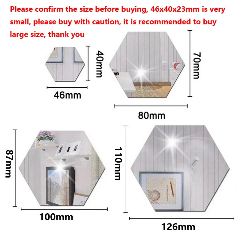6/12pcs 3D Hexagon Mirror Wall Stickers Self-Adhesive DIY Decor