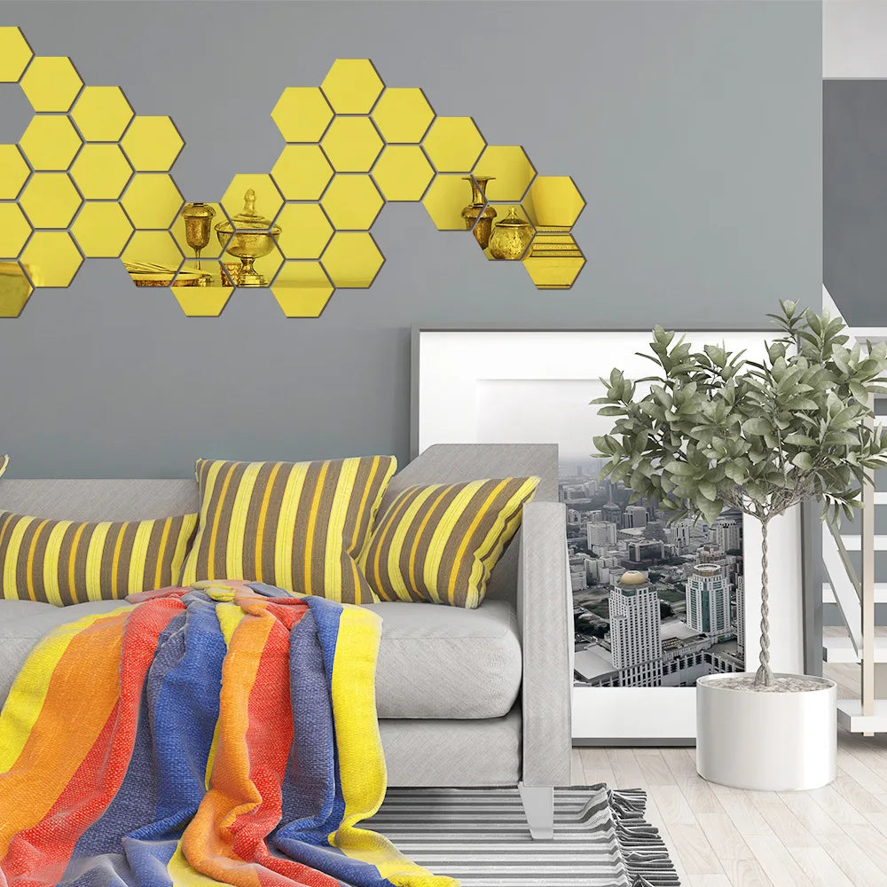 6/12pcs 3D Hexagon Mirror Wall Stickers Self-Adhesive DIY Decor