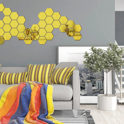 6/12pcs 3D Hexagon Mirror Wall Stickers Self-Adhesive DIY Decor
