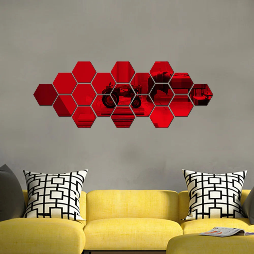6/12pcs 3D Hexagon Mirror Wall Stickers Self-Adhesive DIY Decor