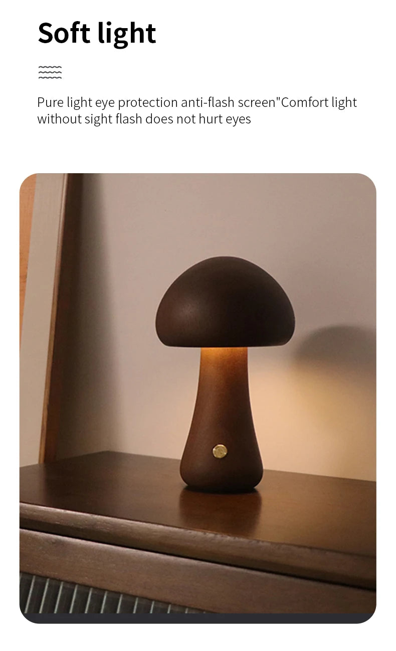 Wooden Mushroom LED Night Light – Touch Switch Bedside Lamp