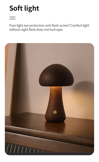 Wooden Mushroom LED Night Light – Touch Switch Bedside Lamp