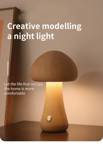 Wooden Mushroom LED Night Light – Touch Switch Bedside Lamp