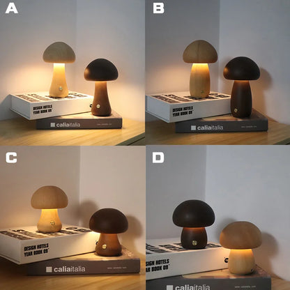 Wooden Mushroom LED Night Light – Touch Switch Bedside Lamp