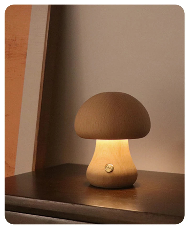 Wooden Mushroom LED Night Light – Touch Switch Bedside Lamp