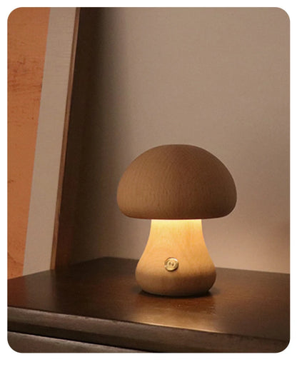Wooden Mushroom LED Night Light – Touch Switch Bedside Lamp