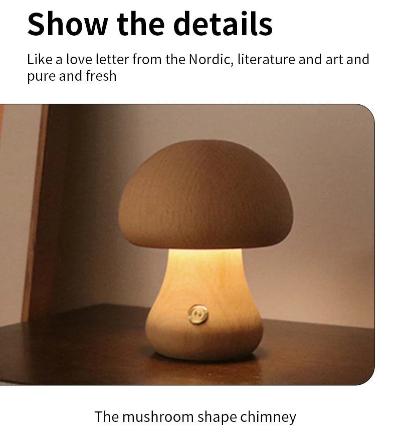 Wooden Mushroom LED Night Light – Touch Switch Bedside Lamp