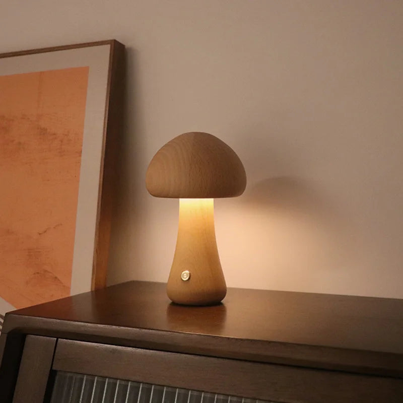 Wooden Mushroom LED Night Light – Touch Switch Bedside Lamp