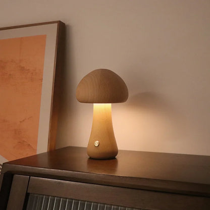 Wooden Mushroom LED Night Light – Touch Switch Bedside Lamp