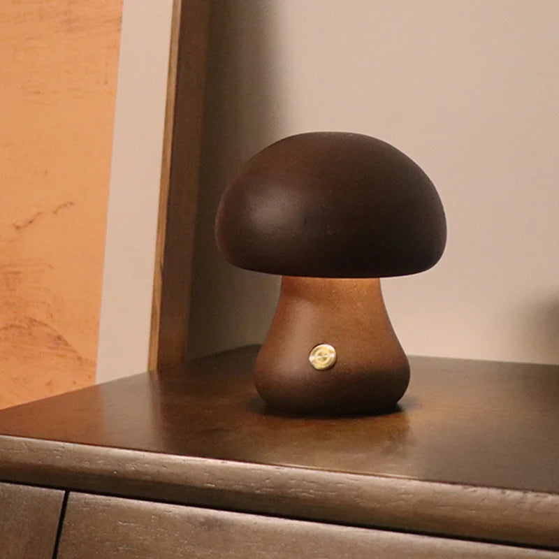 Wooden Mushroom LED Night Light – Touch Switch Bedside Lamp