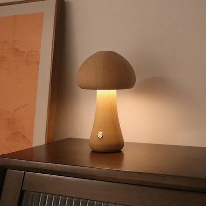 Wooden Mushroom LED Night Light – Touch Switch Bedside Lamp