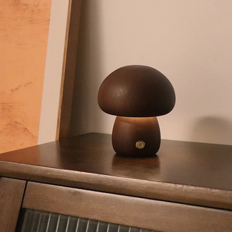 Wooden Mushroom LED Night Light – Touch Switch Bedside Lamp