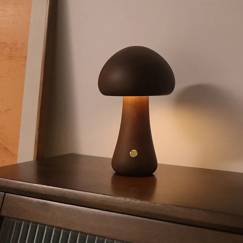 Wooden Mushroom LED Night Light – Touch Switch Bedside Lamp