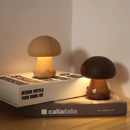 Wooden Mushroom LED Night Light – Touch Switch Bedside Lamp