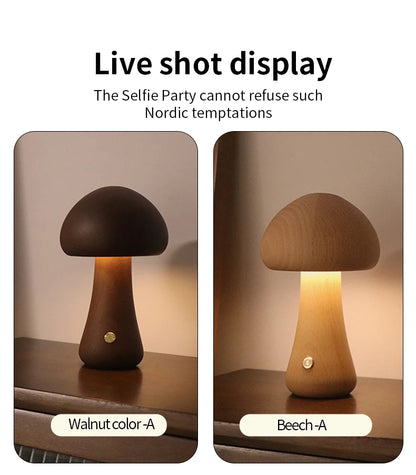 Wooden Mushroom LED Night Light – Touch Switch Bedside Lamp