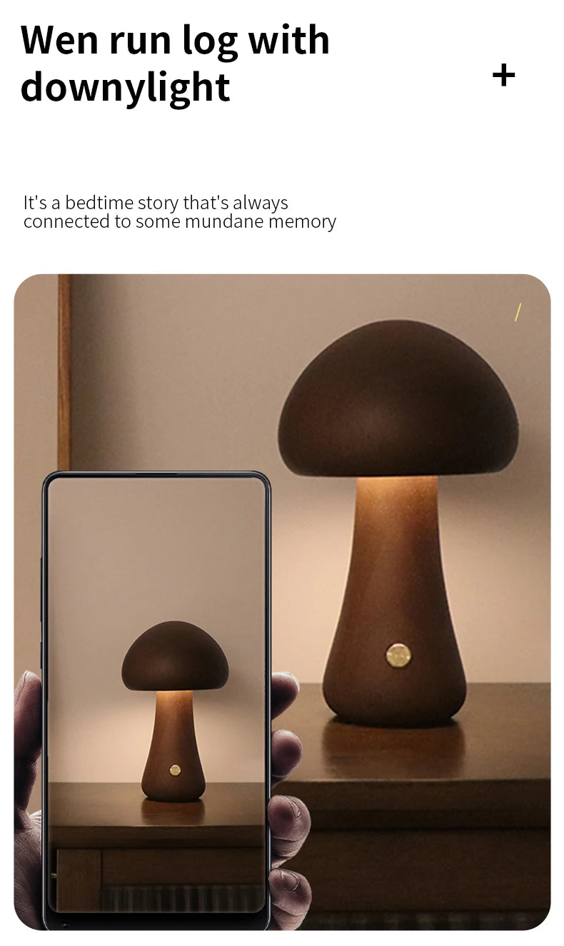 Wooden Mushroom LED Night Light – Touch Switch Bedside Lamp