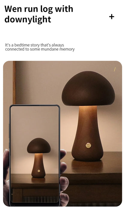 Wooden Mushroom LED Night Light – Touch Switch Bedside Lamp