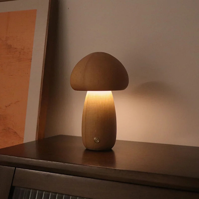 Wooden Mushroom LED Night Light – Touch Switch Bedside Lamp