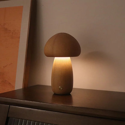 Wooden Mushroom LED Night Light – Touch Switch Bedside Lamp