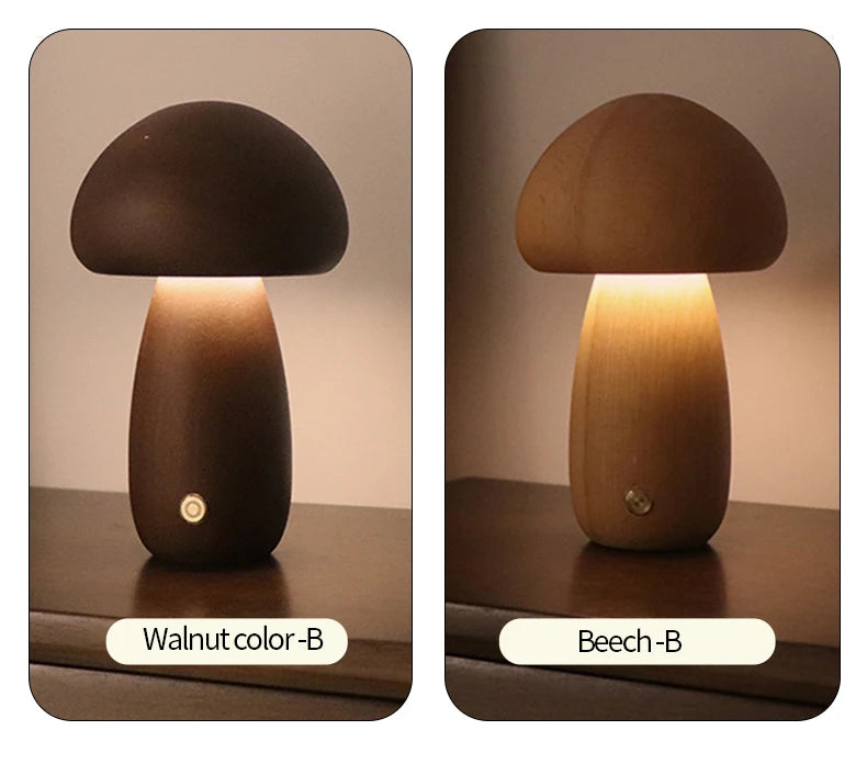 Wooden Mushroom LED Night Light – Touch Switch Bedside Lamp