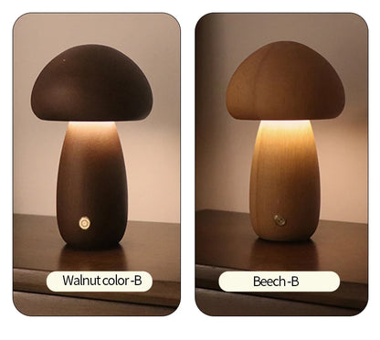 Wooden Mushroom LED Night Light – Touch Switch Bedside Lamp
