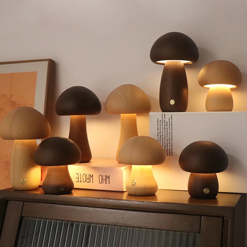 Wooden Mushroom LED Night Light – Touch Switch Bedside Lamp