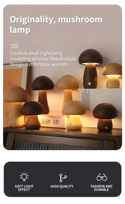 Wooden Mushroom LED Night Light – Touch Switch Bedside Lamp
